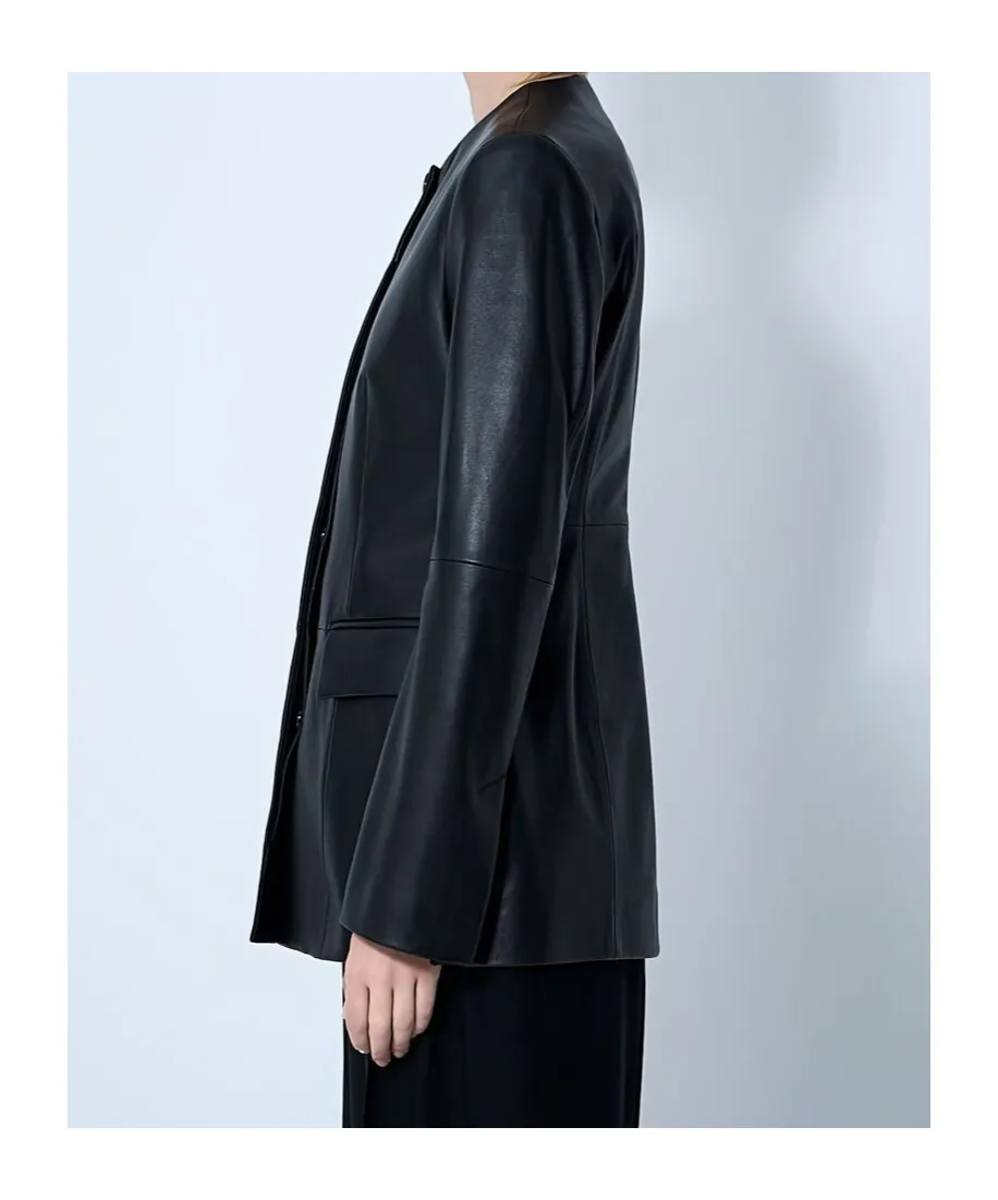 Collarless Leather Jacket