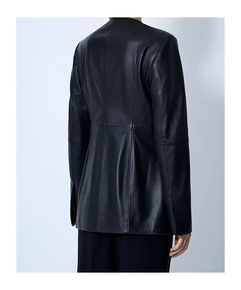 Collarless Leather Jacket