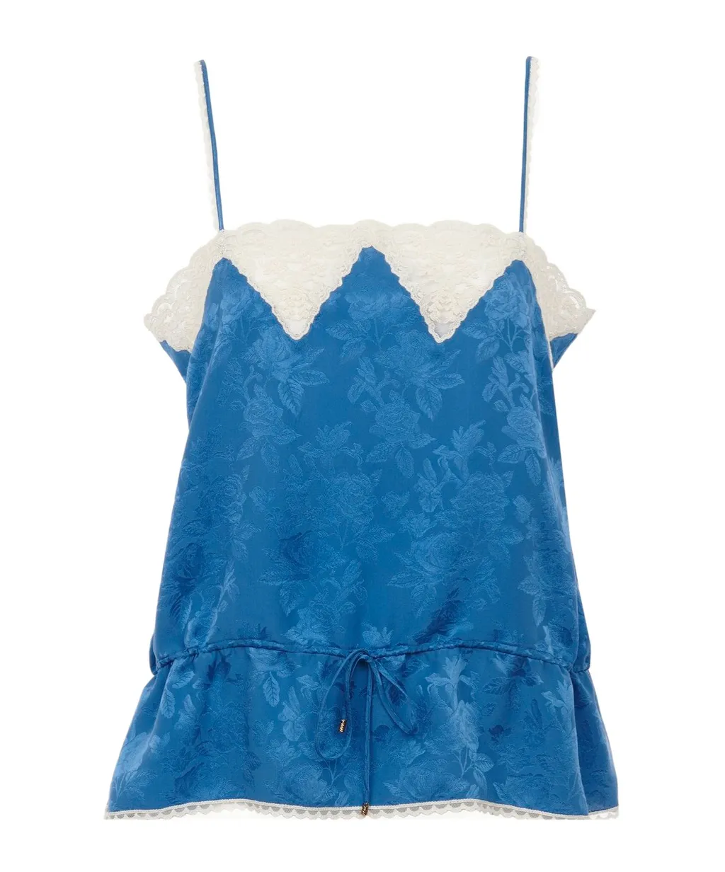 Drawstring Camisole Top In Silk Jacquard & Lace