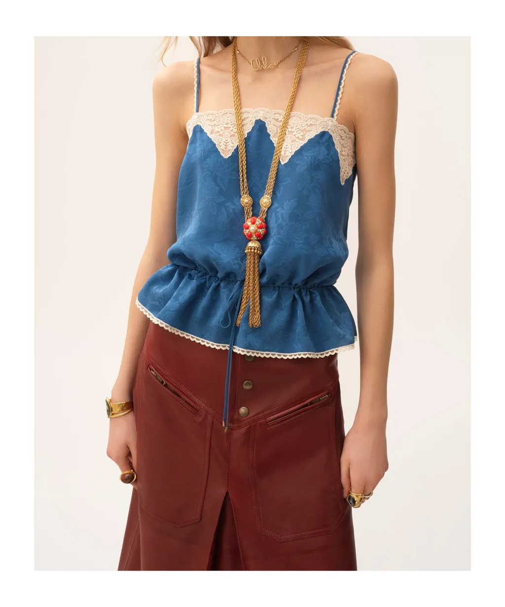 Drawstring Camisole Top In Silk Jacquard & Lace