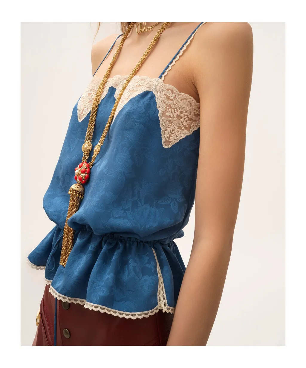 Drawstring Camisole Top In Silk Jacquard & Lace