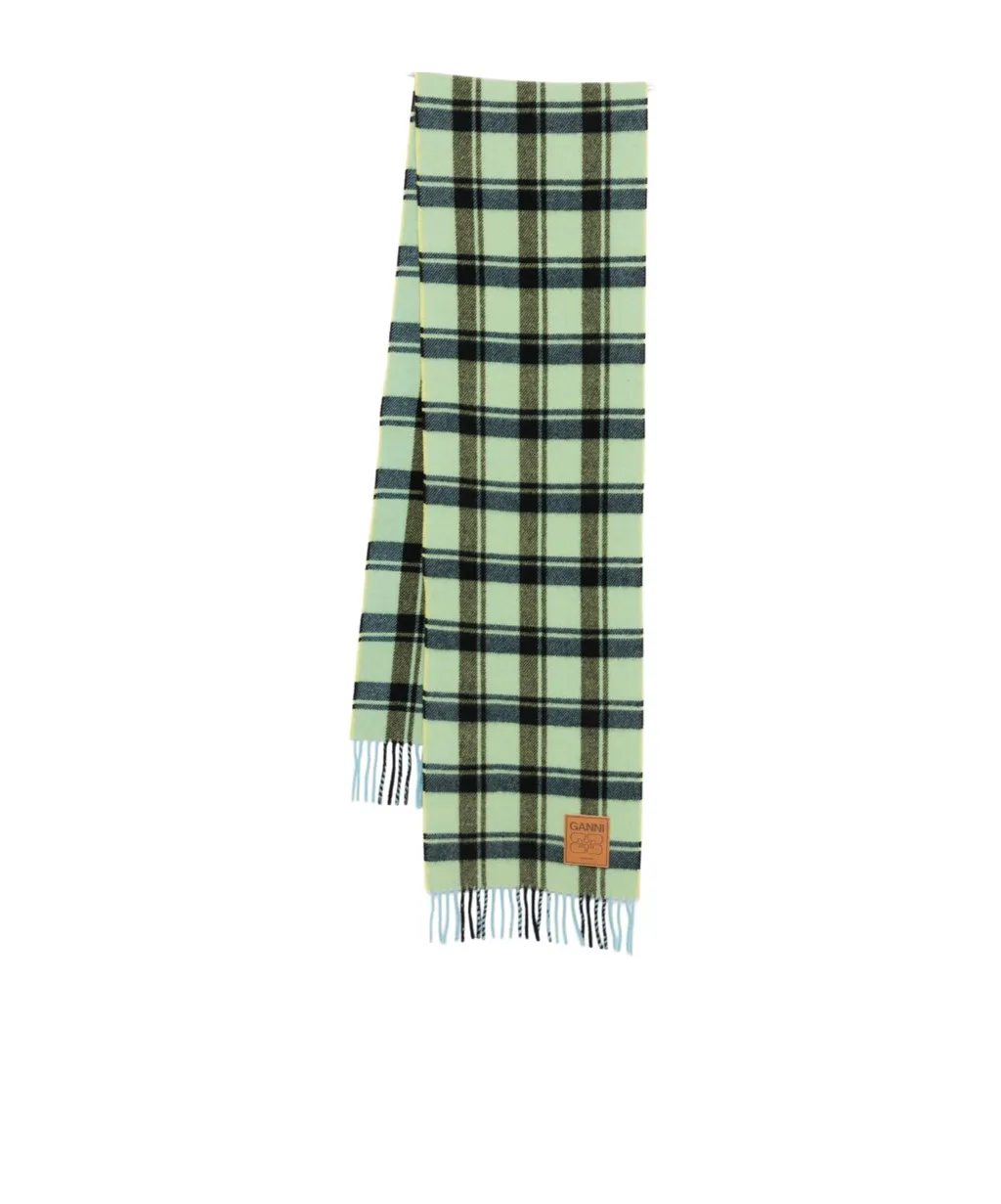 Ganni Logo Patch Checked Fringed Scarf