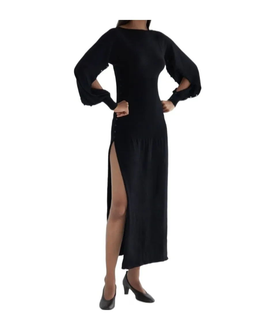 Fa Button-Detail Long-Sleeve Dress