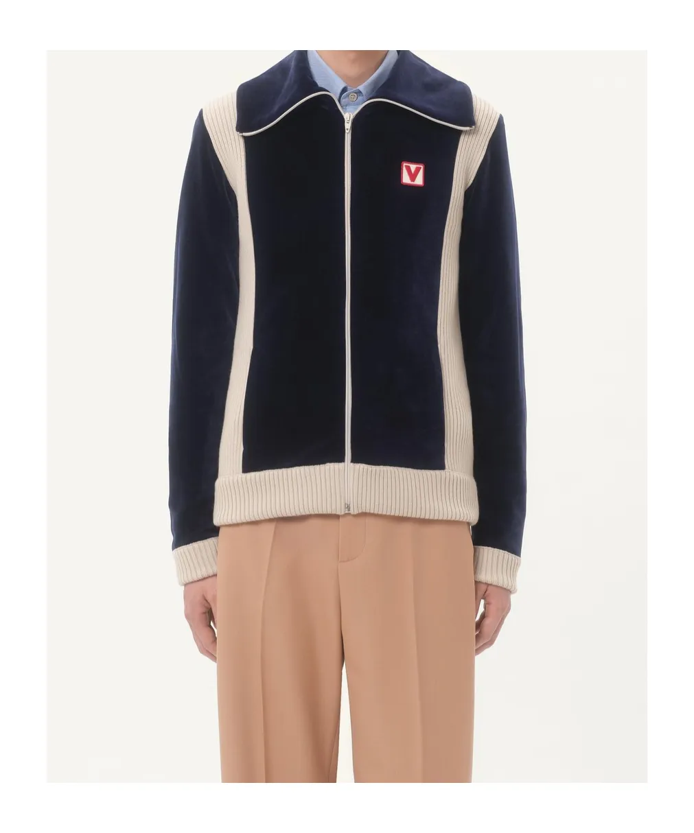 Chez Valentino High-Neck Chenille Sweatshirt With Zip And Patch