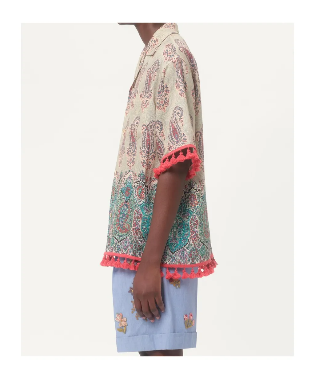 Lightweight Linen Bowling Shirt With Voyage Imaginaire Print