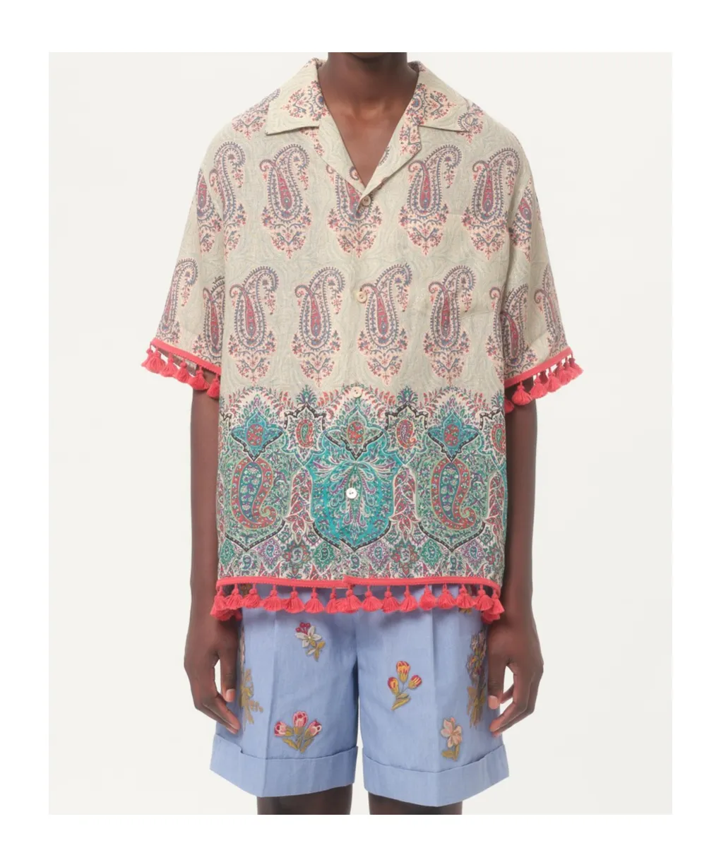 Lightweight Linen Bowling Shirt With Voyage Imaginaire Print