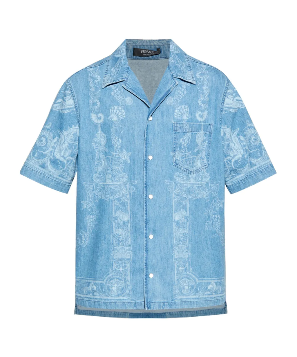 Versace Pattern-Printed Short-Sleeved Denim Shirt