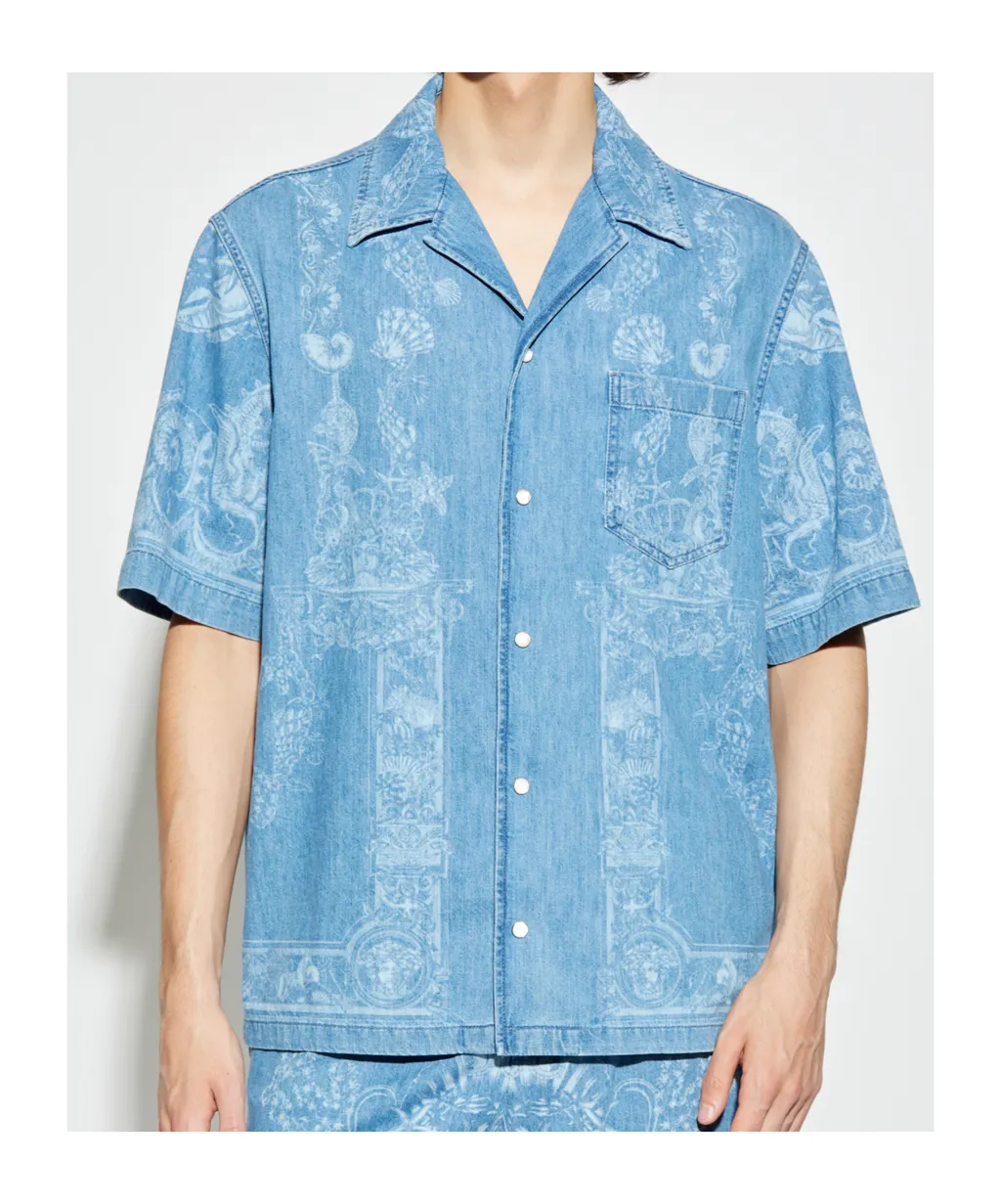 Versace Pattern-Printed Short-Sleeved Denim Shirt