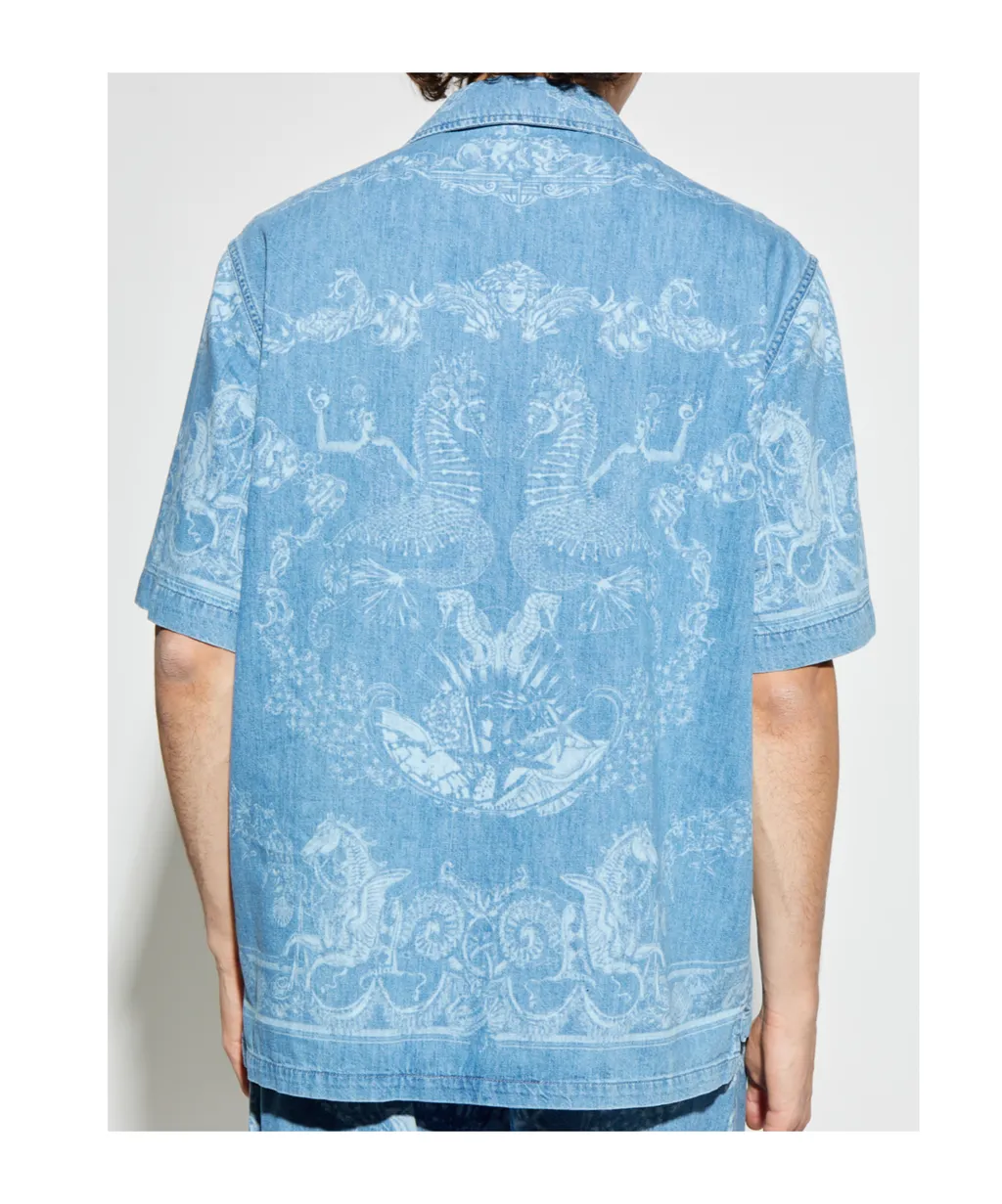Versace Pattern-Printed Short-Sleeved Denim Shirt