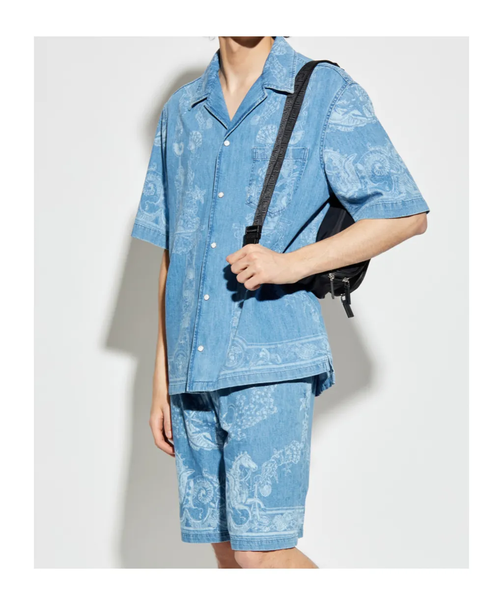Versace Pattern-Printed Short-Sleeved Denim Shirt