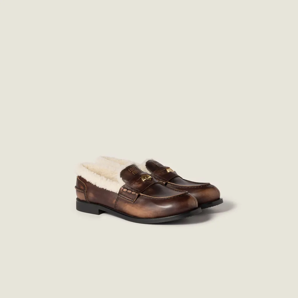 Bleached Leather And Shearling Penny Loafers