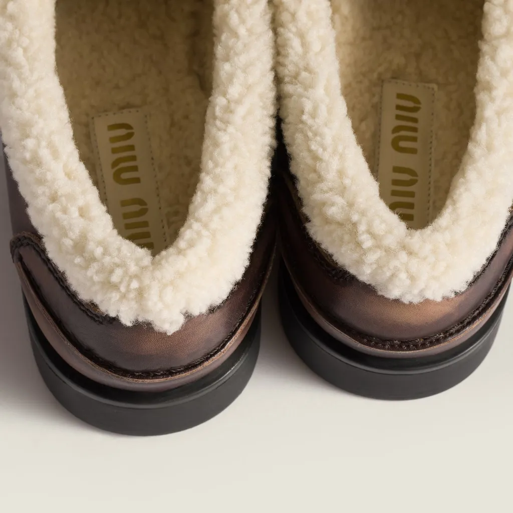 Bleached Leather And Shearling Penny Loafers