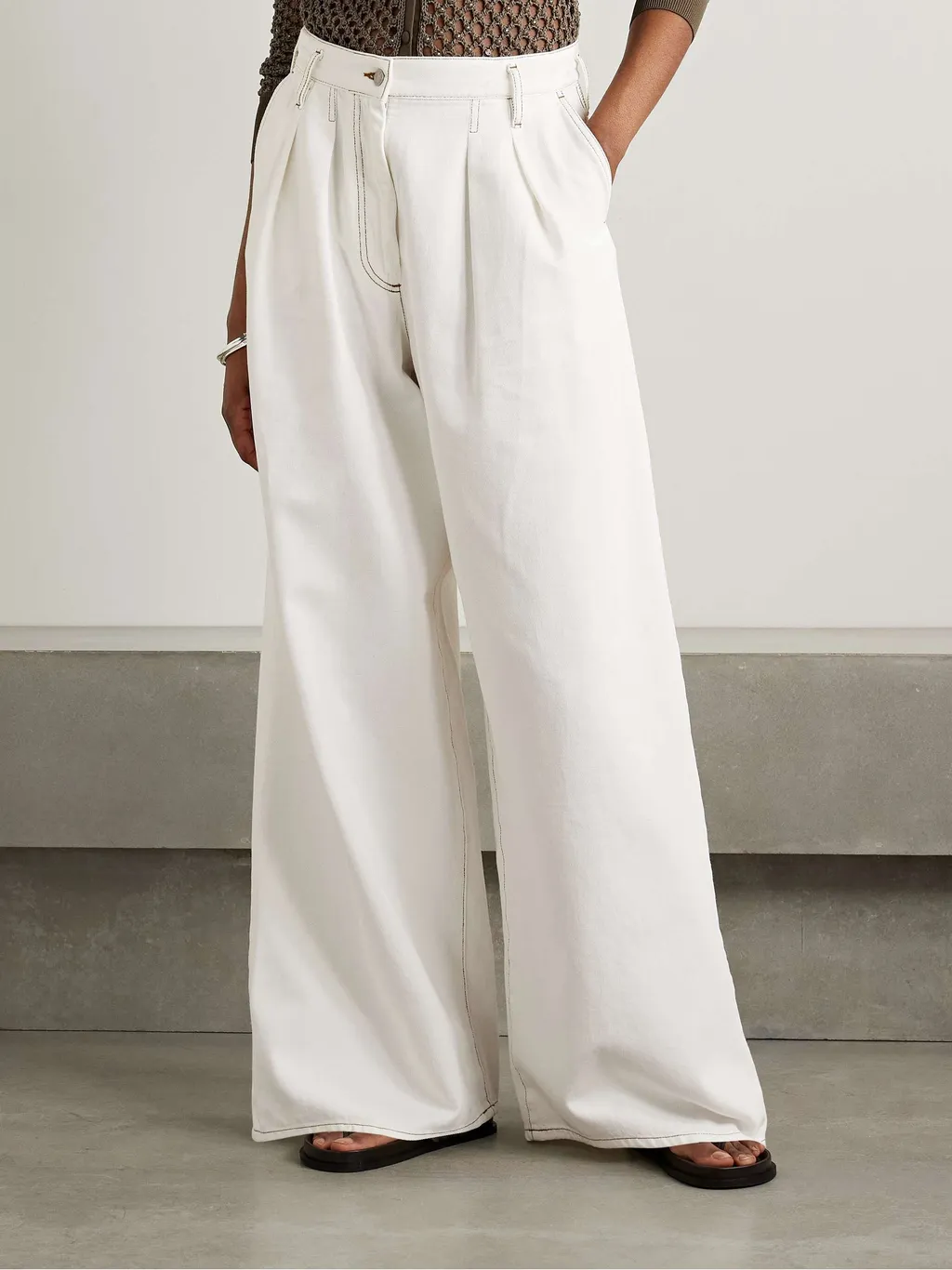 Pleated Denim Wide-Leg Pants