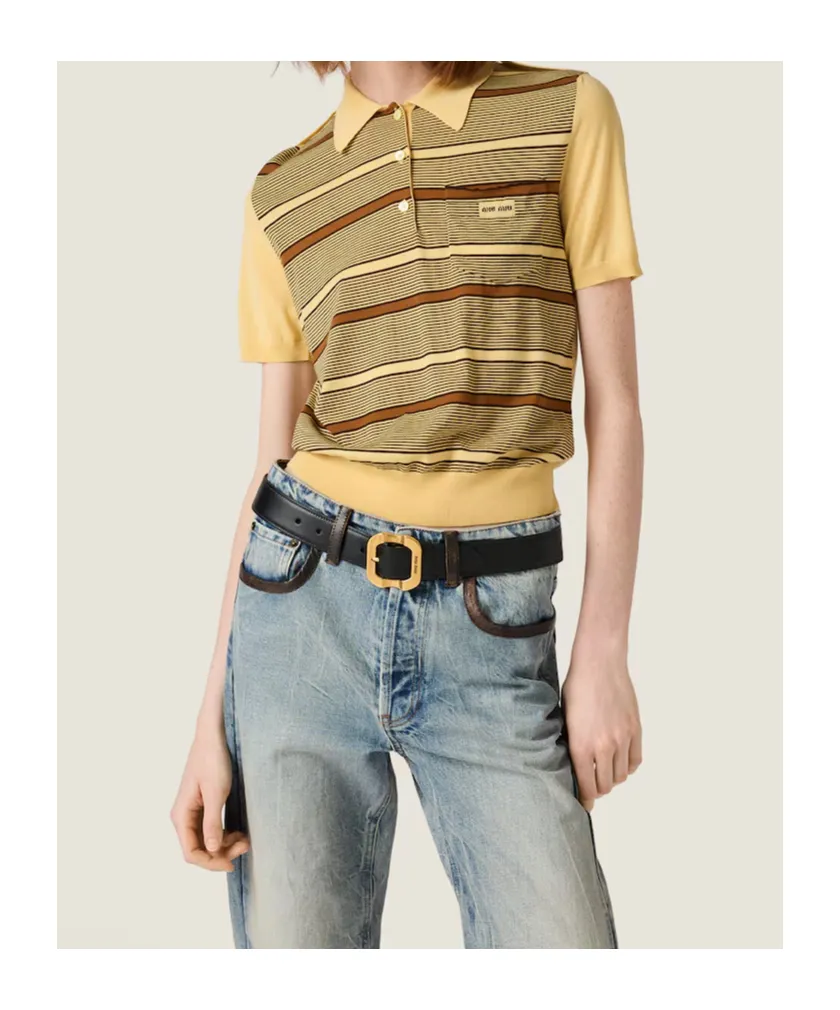 Miu Miu Short-Sleeved Striped Knitted Polo Shirt