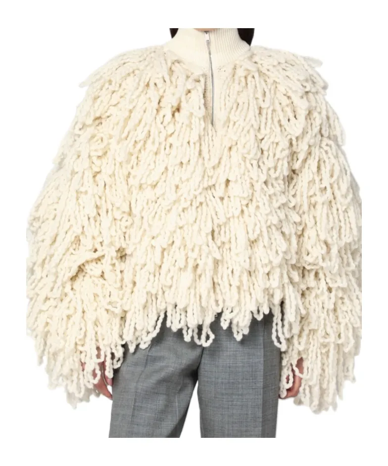 White Wool Bomber Jacket With Fringes