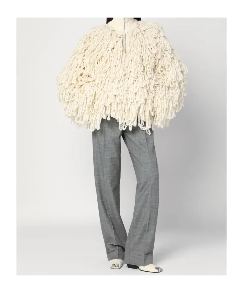 White Wool Bomber Jacket With Fringes