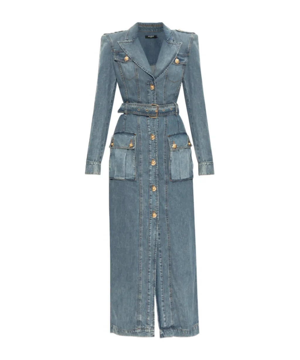 Balmain Belted Waist Long Denim Dress