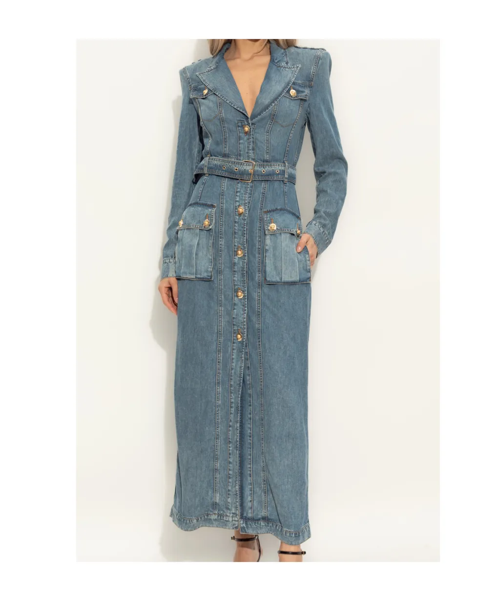 Balmain Belted Waist Long Denim Dress