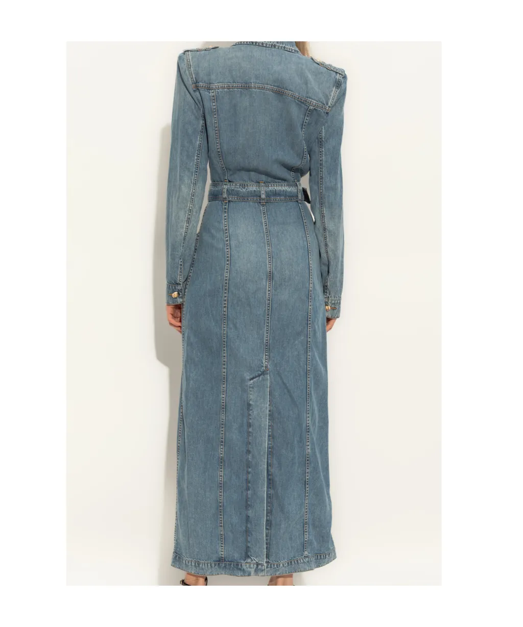 Balmain Belted Waist Long Denim Dress
