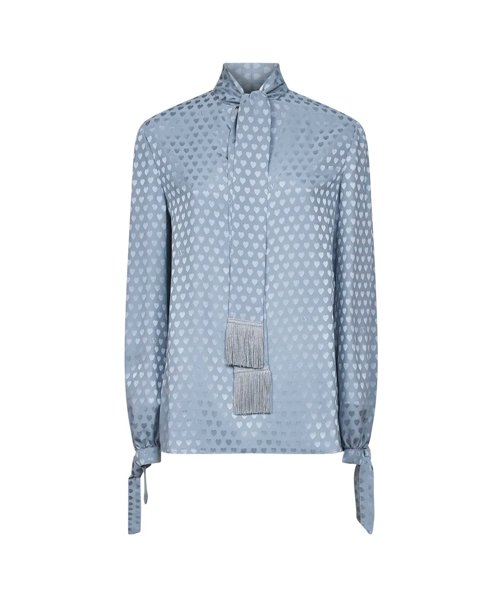 Heart-Print Tie-Neck Blouse
