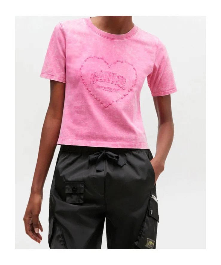Pink Washed Heart Cropped T-Shirt
