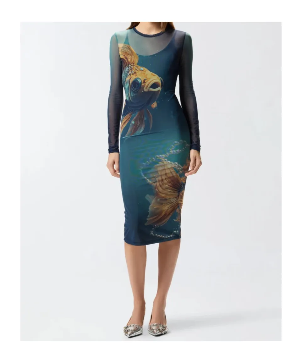 Fish-Print Mesh Midi Dress