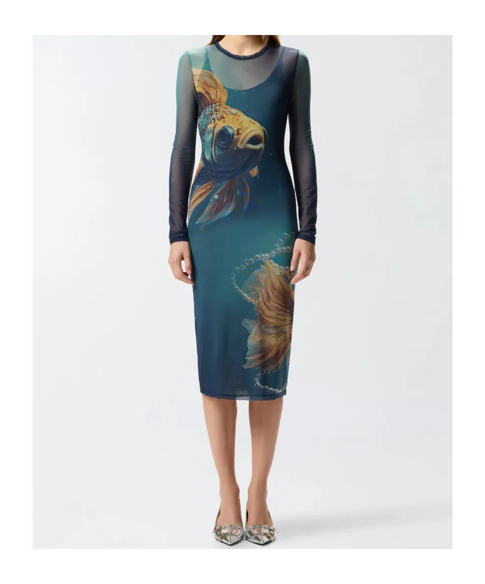 Fish-Print Mesh Midi Dress