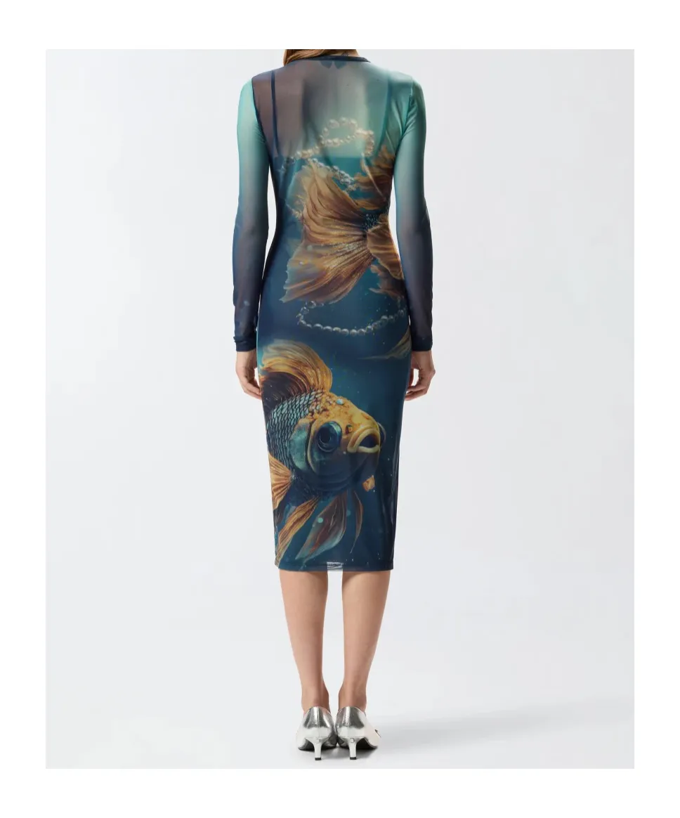 Fish-Print Mesh Midi Dress