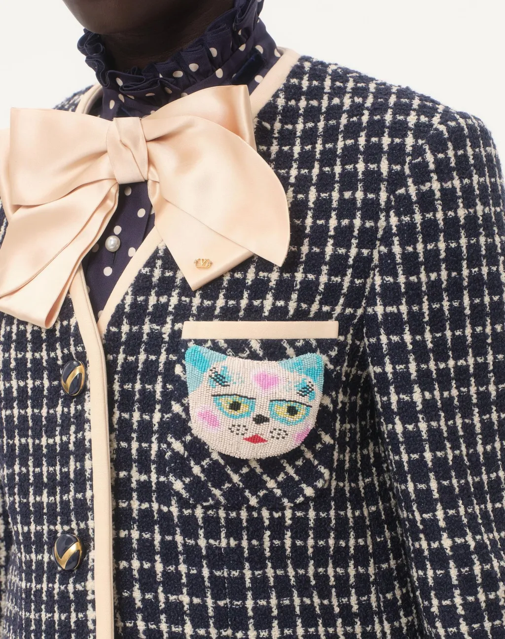Le Chat De La Maison Brooch In Jacquard Fabric With Resin Bead Embroidery