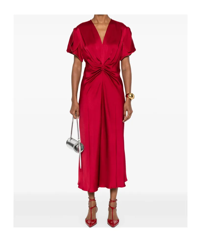 Victoria Beckham V-Neck Gathered-Detail Midi Dress
