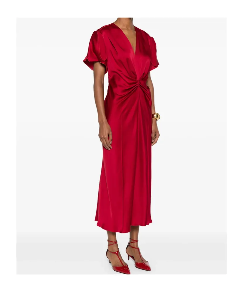 Victoria Beckham V-Neck Gathered-Detail Midi Dress