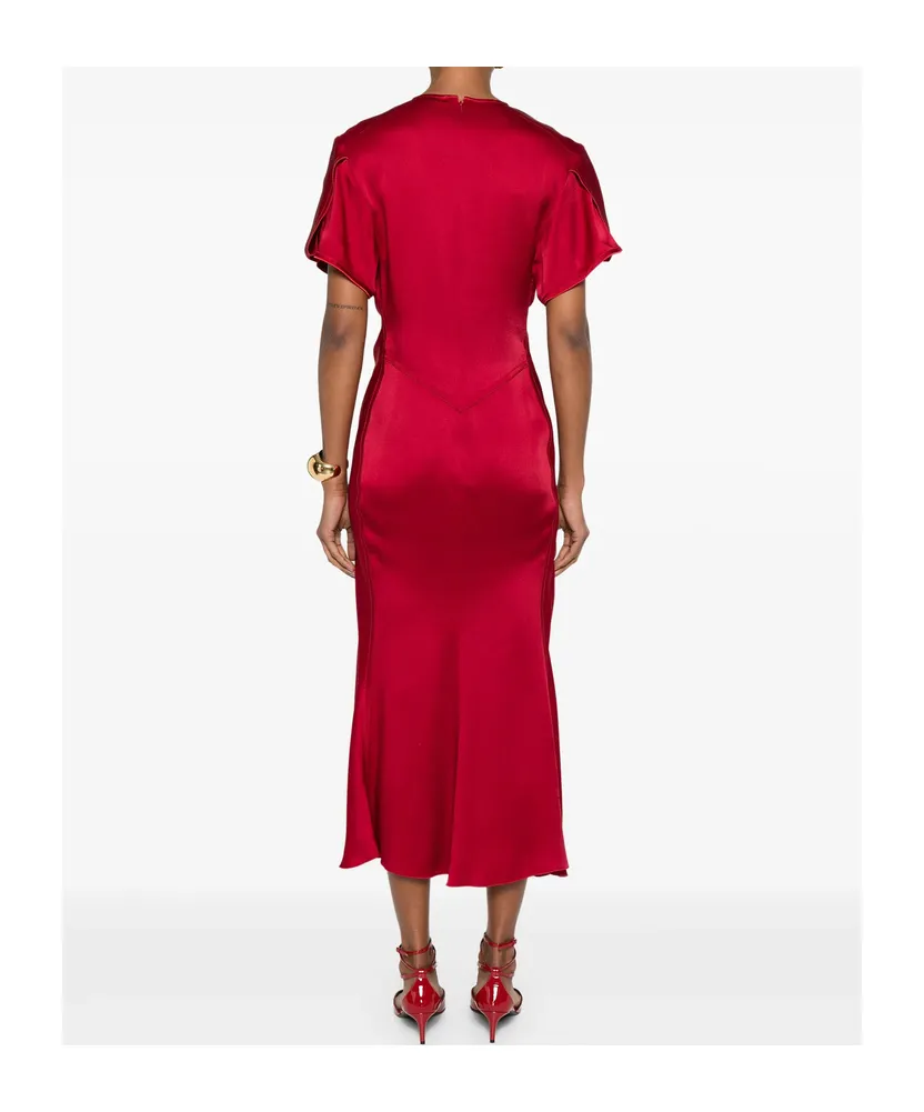 Victoria Beckham V-Neck Gathered-Detail Midi Dress