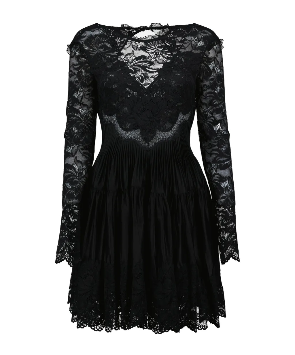 Lace-Panel Ruffled Midi Dress