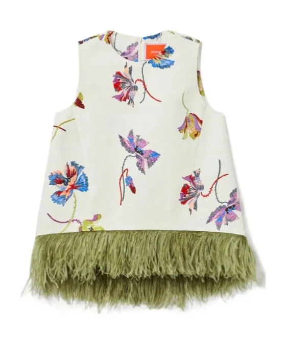 Feather-Trim Floral-Print Top