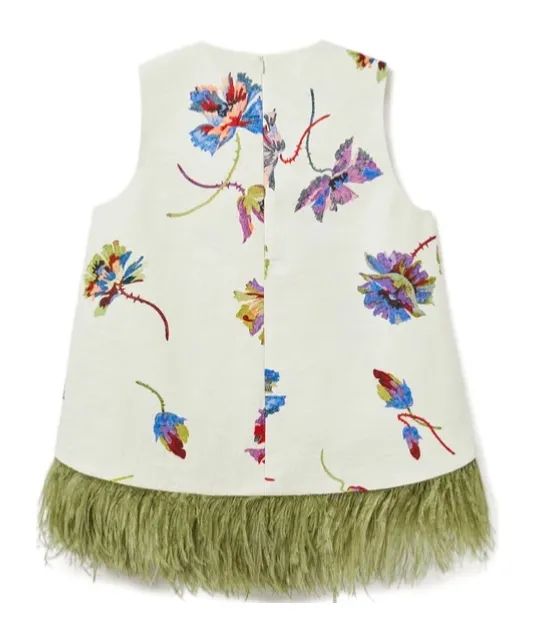 Feather-Trim Floral-Print Top
