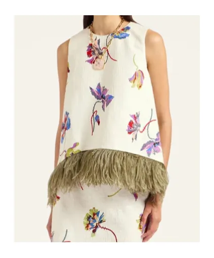 Feather-Trim Floral-Print Top