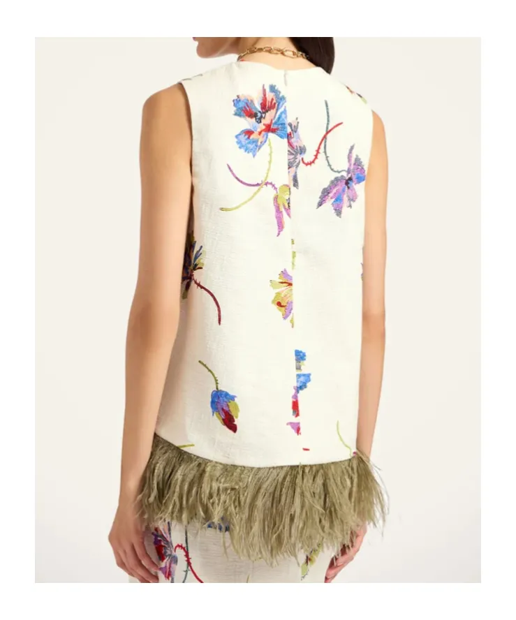 Feather-Trim Floral-Print Top