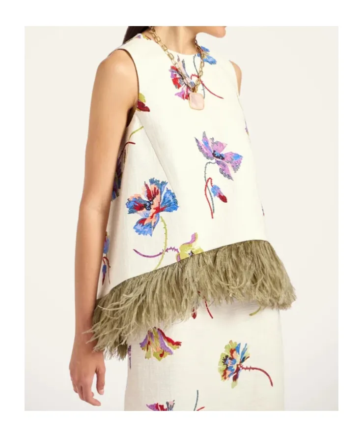 Feather-Trim Floral-Print Top