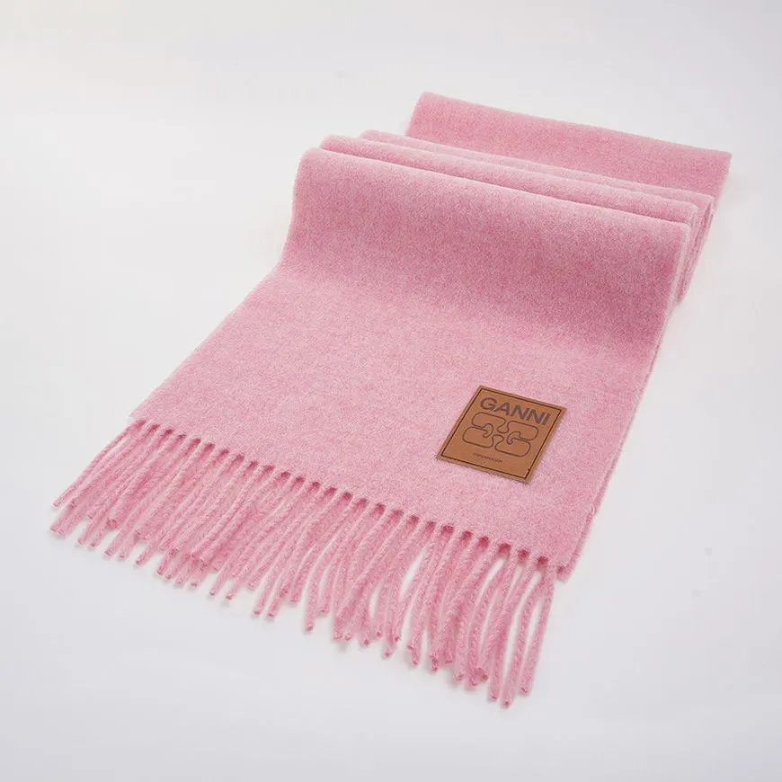 Ganni Logo Patch Fringed Edge Scarf