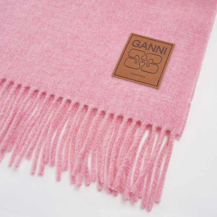 Ganni Logo Patch Fringed Edge Scarf