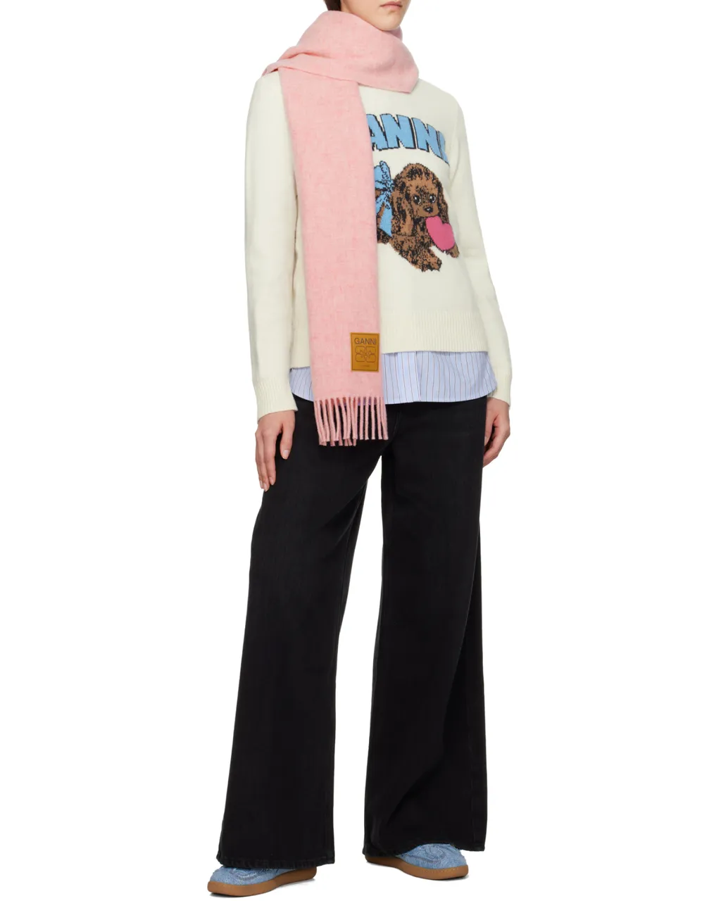 Ganni Logo Patch Fringed Edge Scarf