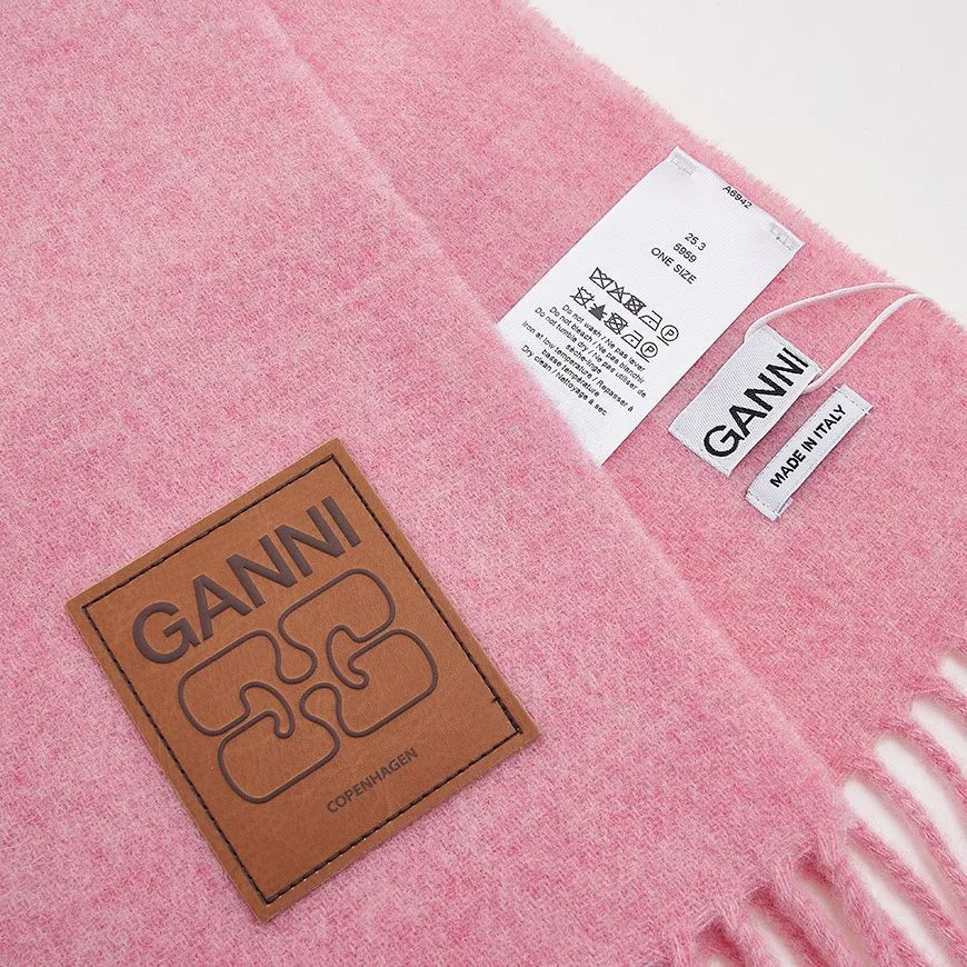 Ganni Logo Patch Fringed Edge Scarf