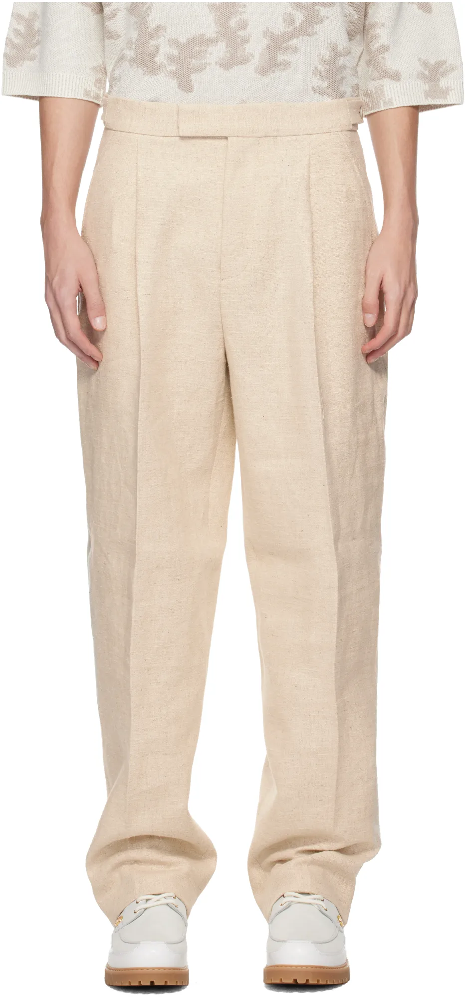 Light Beige Linen And Silk Blend Pants