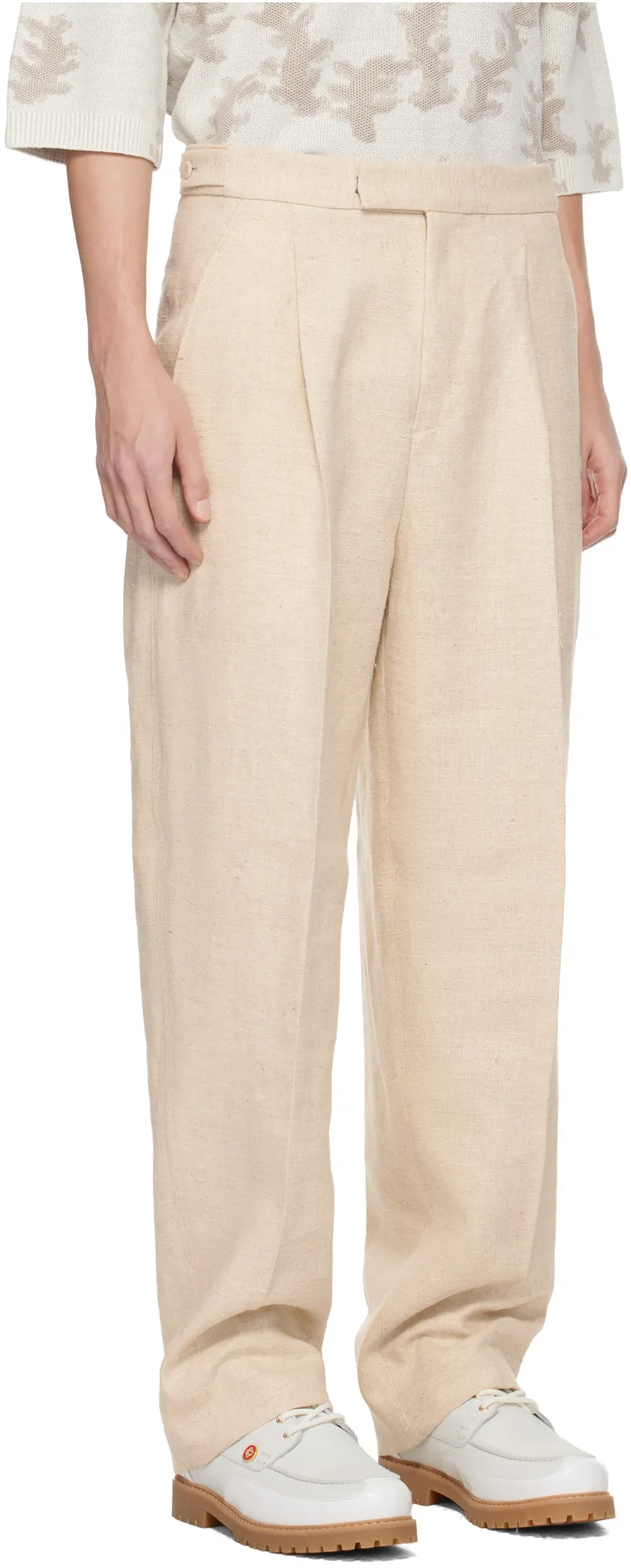 Light Beige Linen And Silk Blend Pants