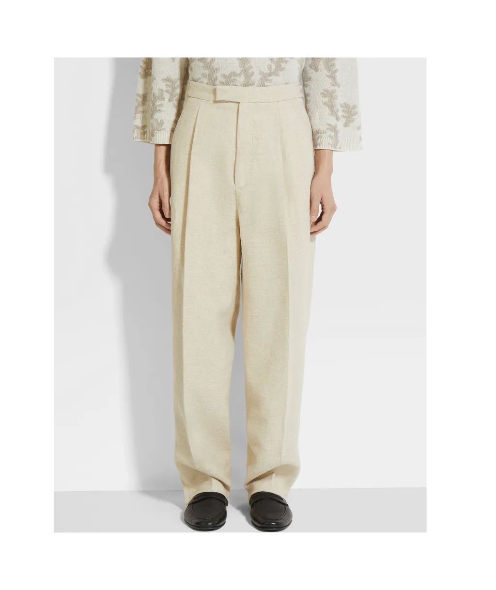 Light Beige Linen And Silk Blend Pants