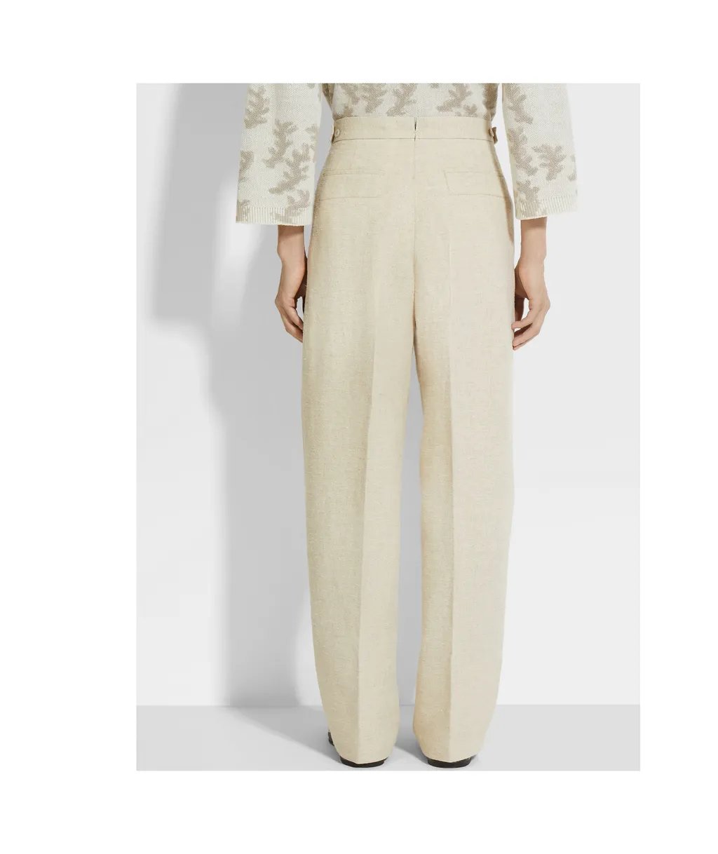 Light Beige Linen And Silk Blend Pants