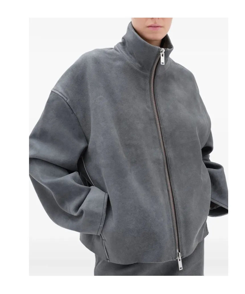 Zippered Long-Sleeve Leather Jacket