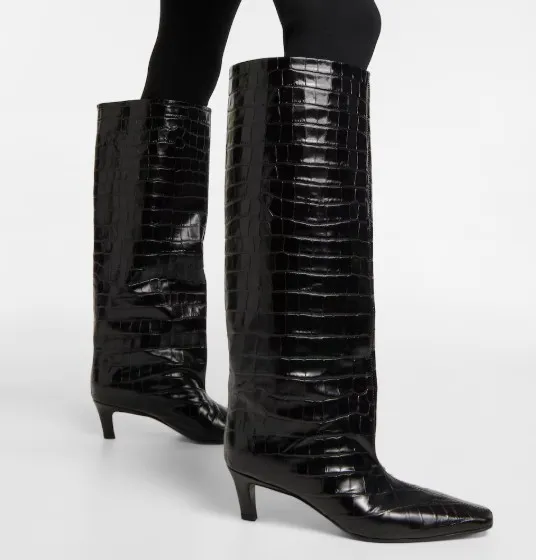 50Mm Croc-Embossed Leather Knee-High Boots