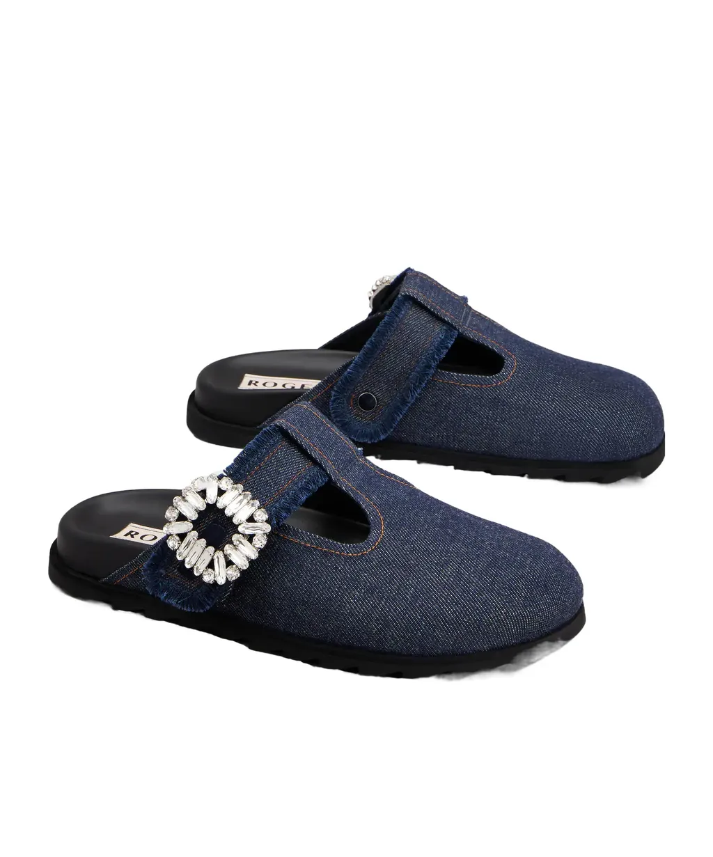Roger Vivier Slidy Viv' Embellished Denim Mules