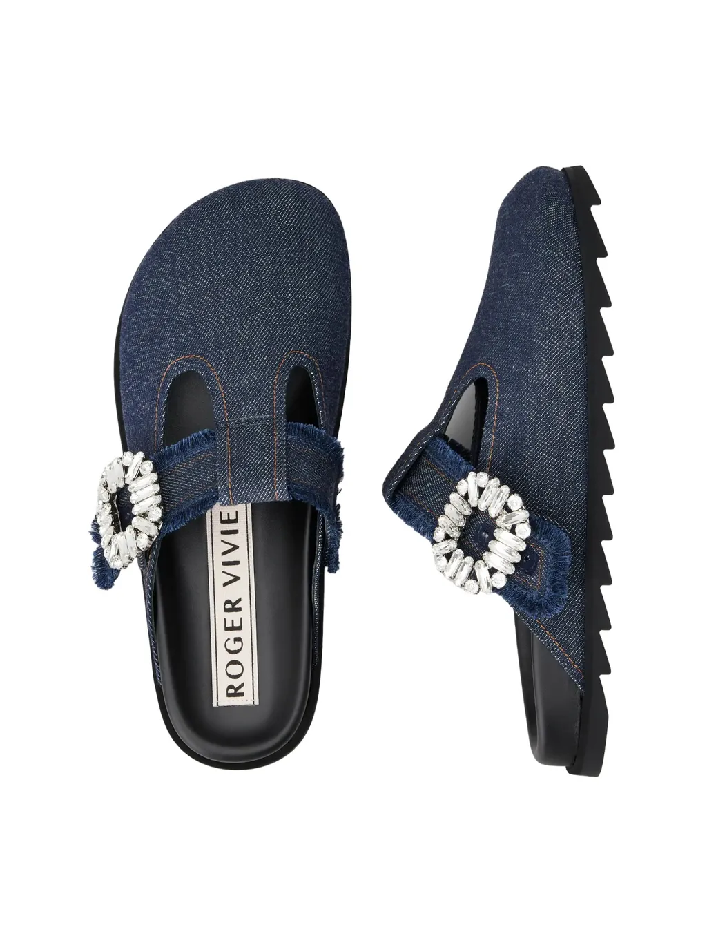 Roger Vivier Slidy Viv' Embellished Denim Mules